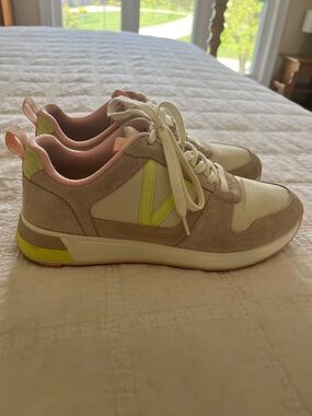 Vionic Suede & Leather Sneakers in Beige with Lime and Pink Accents